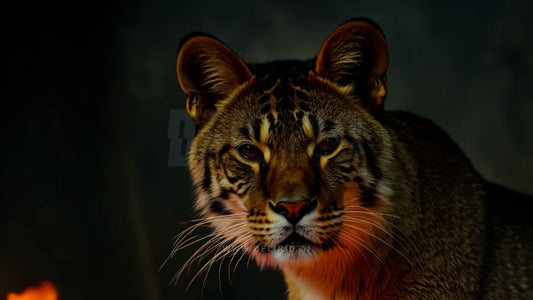 Animal, puma or tiger, in danger as a forest fire devours the wild, showing the threat to wildlife during wildfires and their struggle for survival.