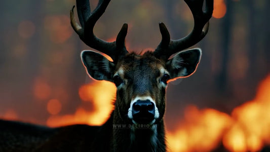 Deer under threat from a forest fire in the background, showing the survival challenges of wildlife when natural habitats are destroyed by wildfires.