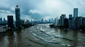 Destructive flooding hitting a big city, with water rising fast, demonstrating the catastrophic impact of extreme weather events and environmental disasters.