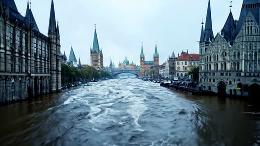 European city drowning in floodwaters, streets flooded, massive damage, illustrating the destruction caused by severe flooding and environmental disasters.