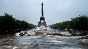 Flooded Paris city scenes, water covering buildings and roadways, showing the dramatic effects of severe flooding in urban areas due to climate change.