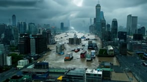 Floodwaters in a big city covering streets, creating havoc, highlighting the environmental destruction and urban crisis caused by rising water levels.