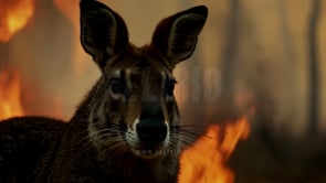 Kangaroo fleeing from ecological crisis as forest fires erupt, showing wildlife's struggle to survive during intense environmental disasters.