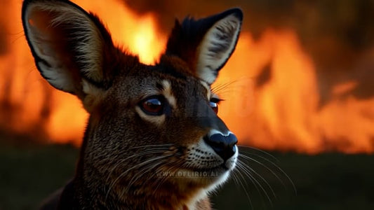 Wild kangaroo resilient in the face of forest fire, illustrating the animal's survival instincts amidst the overwhelming threat of wildfires.