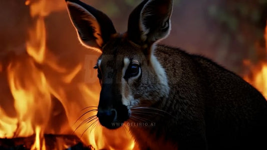 Kangaroo facing an ecological threat from raging forest fires, highlighting the devastating impact of fire and climate change on wildlife.