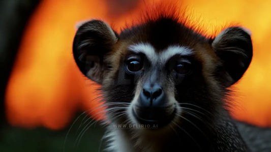 Lemur wildlife struggling in the foreground as forest fires wreak havoc, showing the urgent environmental crisis faced by animals in affected areas.