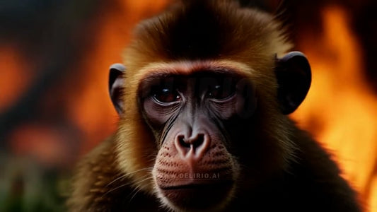 Monkey animal in the foreground facing a forest fire threat, showing the environmental dangers of wildfires and their impact on animal habitats.