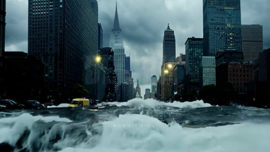 New York City flooding catastrophe, water rising through streets, demonstrating the destructive force of extreme weather events and urban flooding.