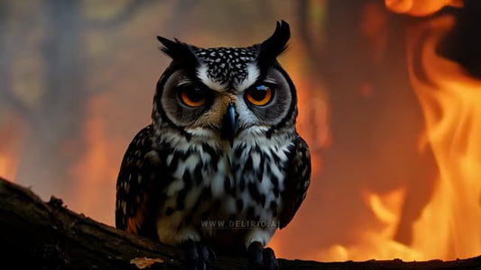 Owl in danger as forest fire devours the wild, showing the risk to wildlife during wildfires and the environmental crisis caused by such disasters.