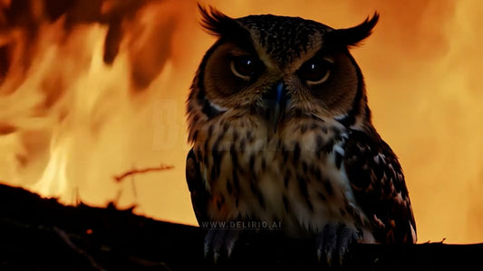 Owl in environmental distress, wildlife at risk as forest fires rise, illustrating the widespread damage to ecosystems caused by uncontrolled wildfires.