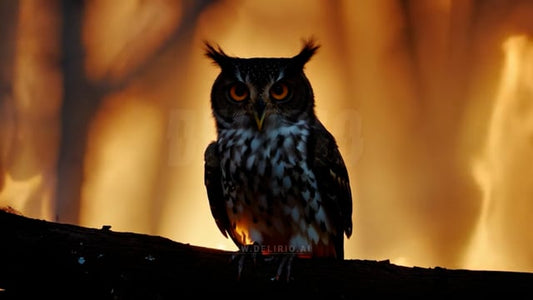 Owl facing ecological threat from raging forest fire, showing the vulnerability of wildlife to the destructive power of wildfires and habitat loss.