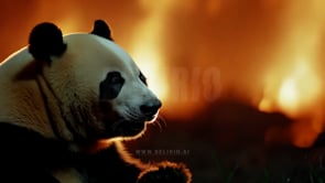 Panda in the foreground while forest fire rages in the background, depicting the threat of habitat destruction and loss of wildlife during forest fires.