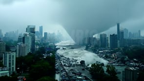 Rising waters flood a big city, turning streets into rivers, showcasing the catastrophic impact of flooding on urban areas due to climate change and rising sea levels.