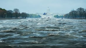 Washington city drowning in floodwaters, streets flooded with massive damage, demonstrating the environmental disaster caused by rising water levels.