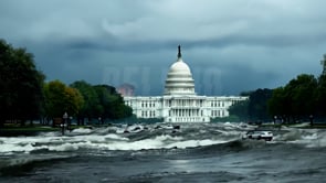 Washington city underwater, catastrophic flooding hits central district, illustrating the scale of damage caused by extreme weather events and urban flooding.