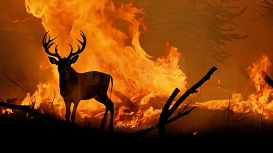 Wild deer facing danger as forest fire rages behind, showing the threat to wildlife from natural disasters and the environmental crisis they cause.