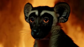 Wild lemur resilient in the face of forest fire, showing the animal's struggle to survive as wildfires devastate its natural habitat.