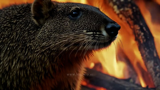 Wildlife rodent facing ecological threat from raging forest fire, illustrating the environmental destruction caused by wildfires and the threats to wildlife survival.