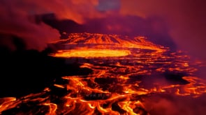 AI-generated aerial view of a volcano with lava rivers flowing, showcasing the dramatic and realistic depiction of volcanic activity.