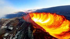 Aerial scene of a volcano with lava cascading through cracks, created using AI-generated imagery to portray the intensity of volcanic eruptions.