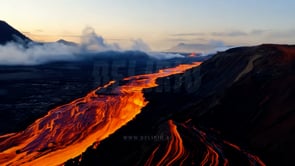 Erupting volcano with lava flows seen from above, displaying realistic AI-created imagery of the natural phenomenon.