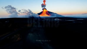 First-person view aerial perspective of a volcano erupting with lava flows, created with realistic AI-generated visuals.