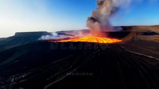 Realistic depiction of a volcano eruption with lava flowing, created using AI from an above perspective, showcasing the scale of the natural event.