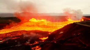 Volcano eruption seen from above, with flowing lava captured in a vivid AI-created scene that emphasizes realism and dynamic motion.