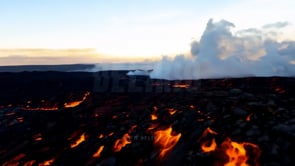 Volcano viewed from above with flowing lava, portrayed through AI-generated realistic visuals to bring the natural event to life.