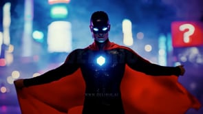 A heroic man in a superhero costume stands dramatically at sunset, overlooking a vast cityscape in a realistic AI-generated clip.