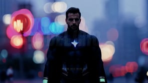 A realistic depiction of a superhero man against a vibrant cityscape at sunset, enhanced by a bokeh effect, created with AI precision.