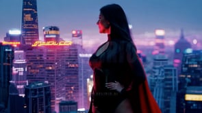 A powerful scene of a woman superhero standing confidently on a rooftop, gazing at a glowing cityscape during sunset in an AI-rendered image.