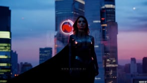 An epic AI-generated scene featuring a superhero woman on a rooftop vantage point, overlooking a sprawling city at sunset with dramatic flair.