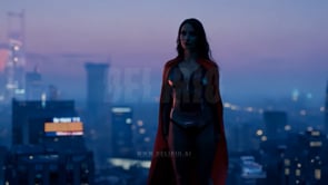 A striking visual of a woman superhero on a rooftop at sunset, framed by the glowing cityscape, showcasing AI-generated realism and urban heroism.