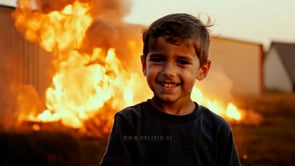 A child smiles warmly at the camera while a large bonfire burns brightly in the background, filling the scene with warmth.