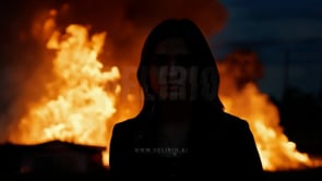 A cinematic shot of an epic action scene where a woman walks away from a massive fire explosion, exuding strength and poise.