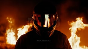 Fire reflects vividly on a motorcycle helmet visor, a person engulfed by the blaze in a dramatic, action-packed moment.