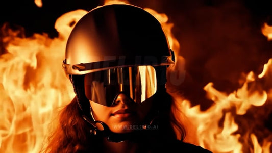 The intense glow of fire reflects on a motorbike visor as a woman stands in the midst of the blaze, showcasing resilience.