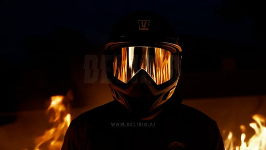 Surrounded by flames, a person�s motorcycle helmet visor catches the fiery light, highlighting the heat of the moment.