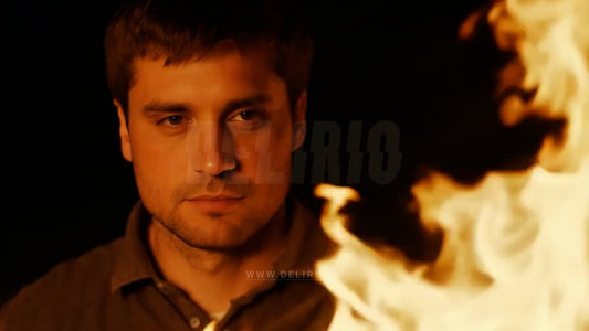 A close-up headshot of a man staring thoughtfully at a bonfire, the evening flames providing a warm yet intense backdrop.