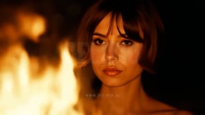 A headshot of a woman gazing deeply at the flickering flames of a bonfire, creating an introspective mood.