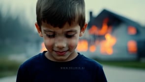 A child gazes at the camera with a mischievous smile while a house blazes in flames behind her, creating a meme-worthy scene.