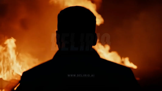 Over-the-shoulder view of a man walking toward a blazing fire, evoking tension in an action-packed film moment.