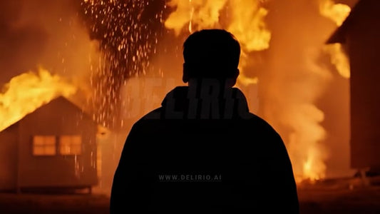 A young man walks toward a burning house engulfed in dramatic flames, captured from the rear for a compelling visual.