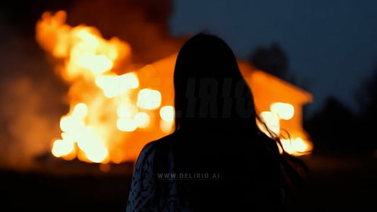 A young woman wearing pajamas walks toward a dramatic, burning house, highlighting the surreal intensity of the scene.