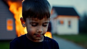 A smiling child poses confidently with a burning house in the background, reminiscent of an iconic viral meme.