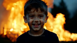 A child laughing joyfully is in focus while a burning house with massive flames looms out of focus in the background.