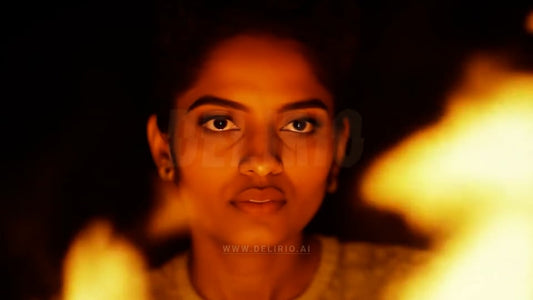 A headshot of a woman intensely watching a bonfire with blurred flames in the foreground, creating a dramatic ambiance.