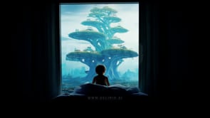 Child Looking Out The Window To Fantasy City with Houses On Giant Tree