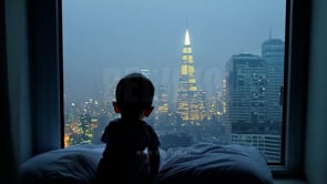 Child Stands In Silhouette Looking To Skyscraper City Through Big Window